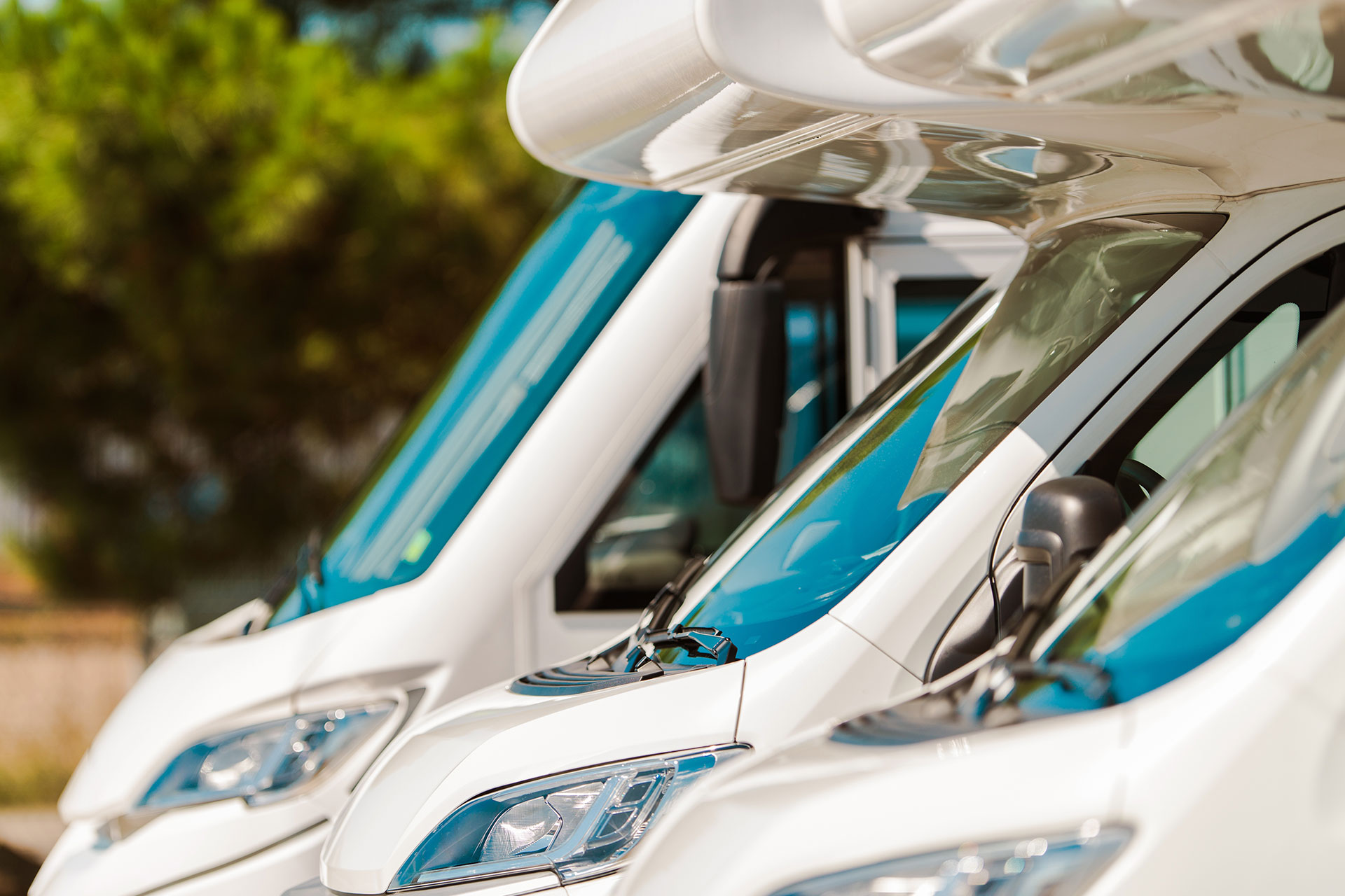 Close-up of the front ends of white recreational vehicles, showcasing their sleek designs and blue-tinted windshields.